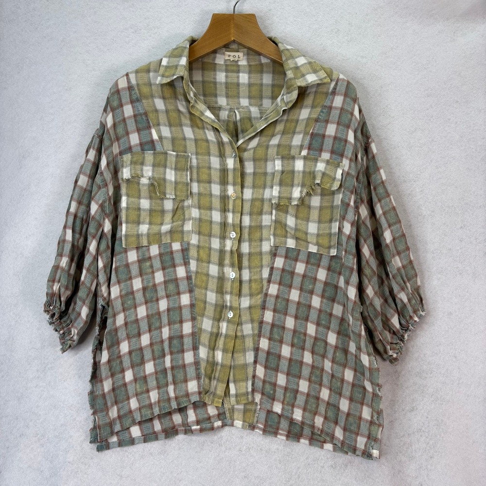 Pol Green Mixed Plaid Patchwork Button Down Shirt… - image 1